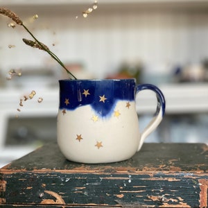 Golden star blue Ceramic mug, handmade ceramic mug, pottery mug, handpainted mug, star mug