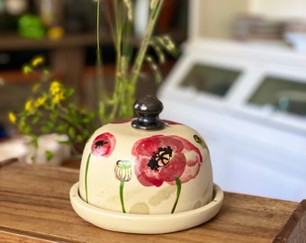 Butter dish, Butter keeper, ceramic butter dish, poppies butter keeper