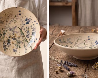 Large Ceramic Serving Bowl - 13 inches/ 32cm Handmade Botanical Salad Bowl, Floral pattern, Unique Housewarming Gift
