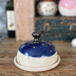 Butter dish, Butter keeper, ceramic butter dish, golden star, sky night