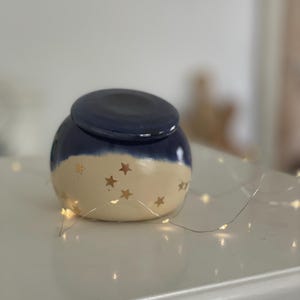 Garlic pot, salt pot, pottery, golden stars, blue night sky