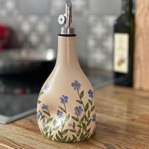 Pottery Oil dispenser bottle, Olive oil bottle, cooking gift, forget me not, small blue flower