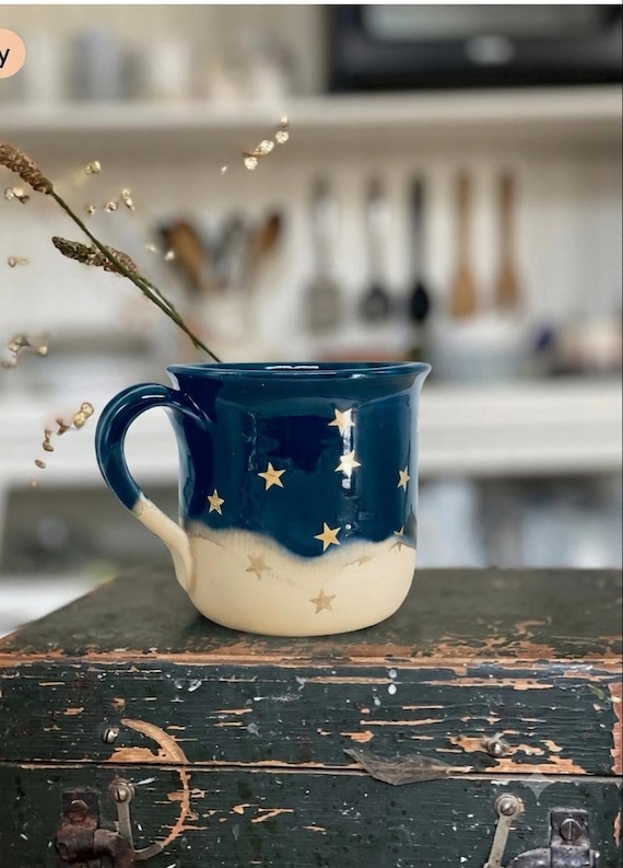 Celestial Gold Star Mug - Handmade Navy blue - Starry Night Ceramic Coffee Cup - Unique Astrology Gift