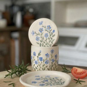 Forget me not, French butter dish, French butter keeper, French butter crock, 250 gr Bell+spoon holder