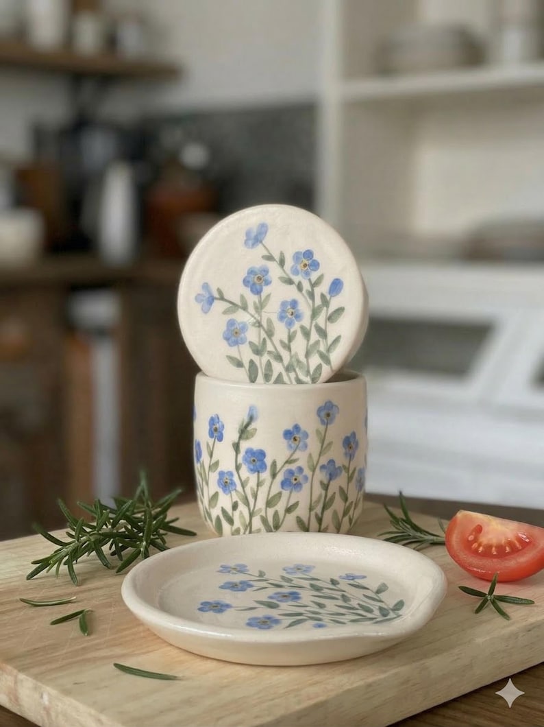 Forget me not, French butter dish, French butter keeper, French butter crock, 250 gr Bell+spoon holder