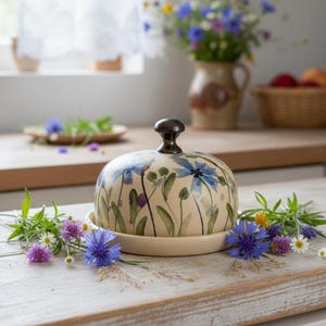 May include: A ceramic butter dish with a floral design featuring blue cornflowers and green leaves. The dish has a cream-colored base and lid, with a dark brown knob. The butter dish is displayed on a wooden surface with fresh flowers.