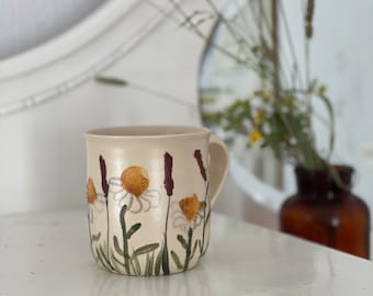 Dandelion mug, dandelion cup, botanical pottery cup, meadow flower mug, Wildflower cup