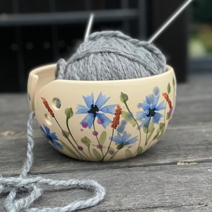 Blue flower yarn bowl, cornflower yarn bowl, botanical yarn bowl