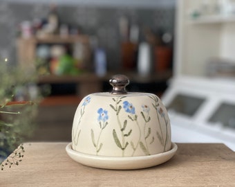 Forgetmenots Butter dish, forget me nots, small blue flowers Butter keeper, pottery butter dish, floral butter dish, pottery butter keeper