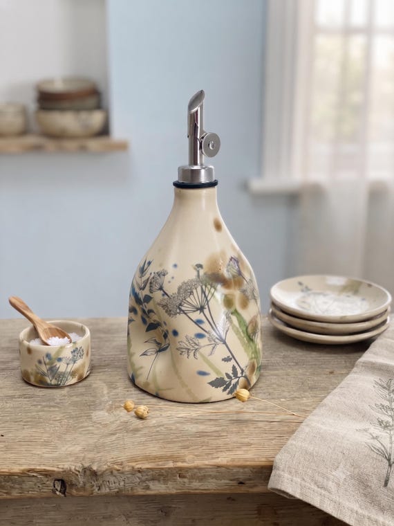 Pottery Oil dispenser bottle, Olive oil bottle, cooking gift, botanical, wilde flower