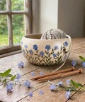 Pottery yarn bowl, pottery knitting bowl, ceramic yarn bowl, forget me nots, small blue flowers product logo