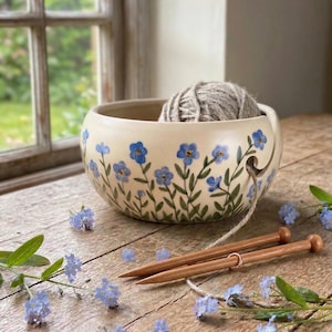 Bol en fil de poterie, bol à tricoter en poterie, bol en fil de céramique, myosotis, petites fleurs bleues