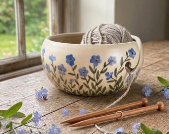 Cuenco de lana de cerámica, cuenco de tejer de cerámica, cuenco de lana de cerámica, nomeolvides, pequeñas flores azules