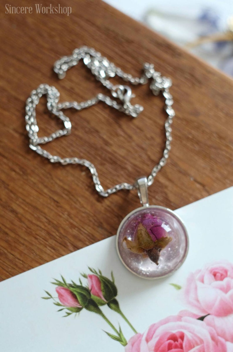 Dried roses necklace real flower necklace half sphere resin Etsy