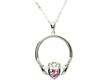 Pink stone Claddagh necklace, sterling silver celtic jewelry.