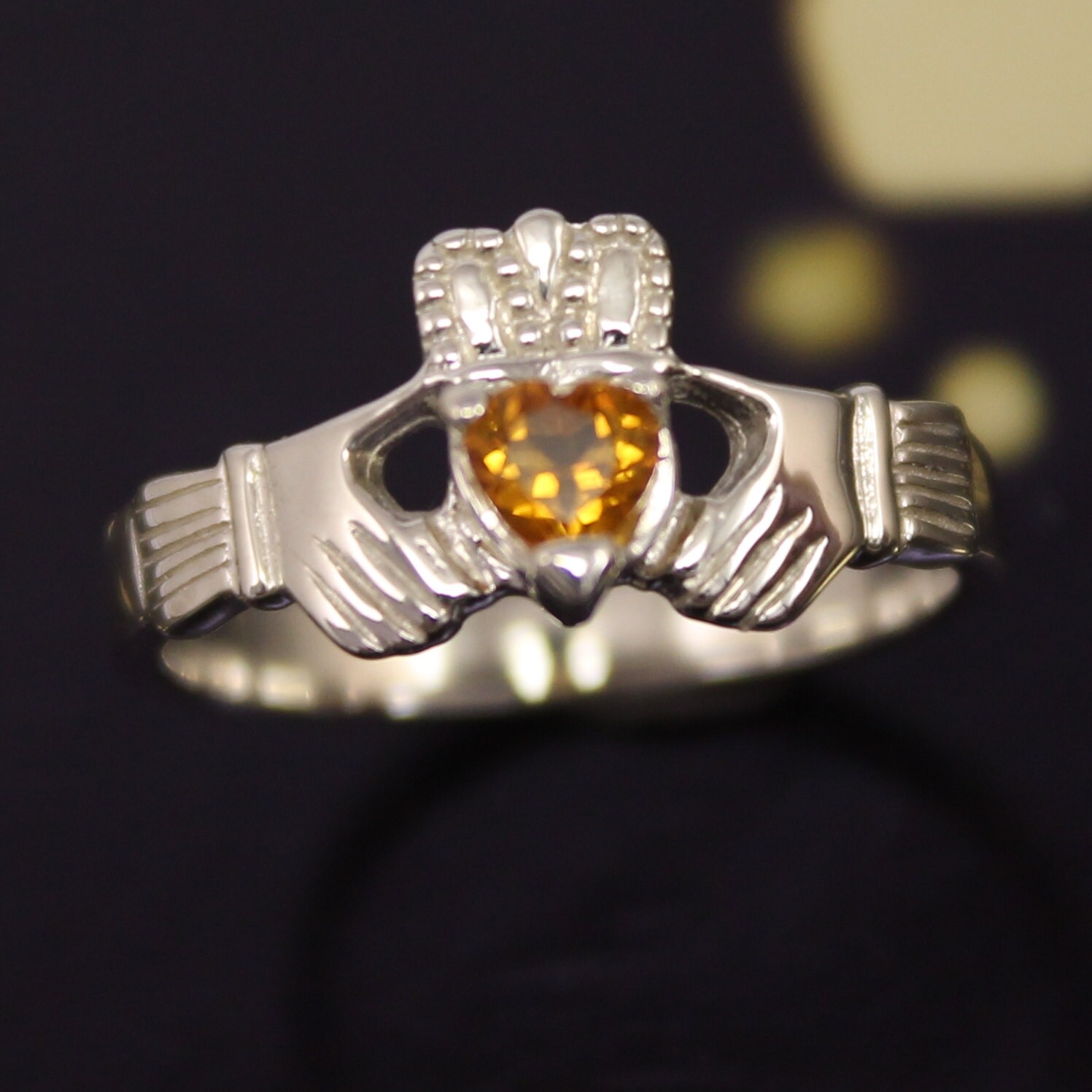 Claddagh ring, ladies claddagh ring, set with real natural Citrine gemstone. Sterling silver or 10K, 14K or Platinum claddagh ring.