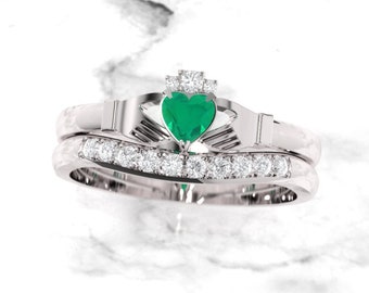 Claddagh ring set. Emerald Claddagh ring. Diamond and emerald claddagh ring with complimenting gently curved diamond wedding band.