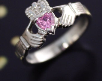 Bague Claddagh, bague Claddagh pour femme, sertie de pierre rose. Bague Claddagh Argent/ 10K/ 14K/ Platine.