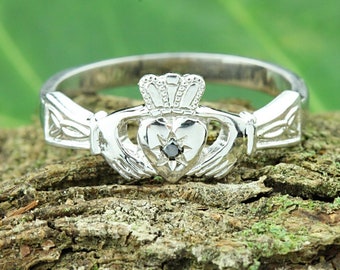 Black diamond claddagh ring. Heart ring.  Crafted in Dublin Ireland. Available in 9K, 14K, 18K, Platinum. Also in silver.