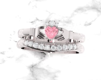 Claddagh ring set.  Crafted in Ireland. Diamond and pink tourmaline claddagh ring with gently curved diamond wedding ring,