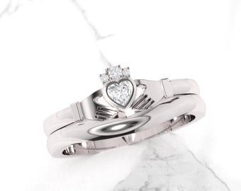 Irish Claddagh ring. Diamond claddagh ring. Engagement ring. Gold claddagh set. Available in 14K / 18K yellow, rose, white or platinum.