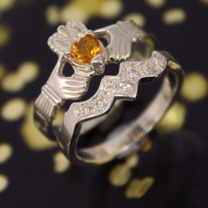 Citrine gemstone Irish Claddagh ring and matching band. Silver, 14K or Platinum. Claddagh ring set.