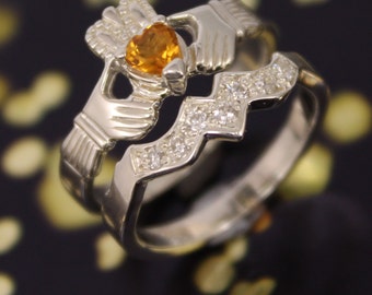 Citrine gemstone Irish Claddagh ring and matching band. Silver, 14K or Platinum. Claddagh ring set.