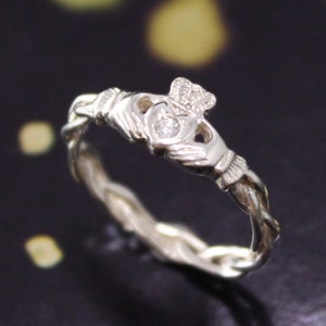 Diamond Claddagh ring, ladies diamond claddagh ring on celtic rope band.