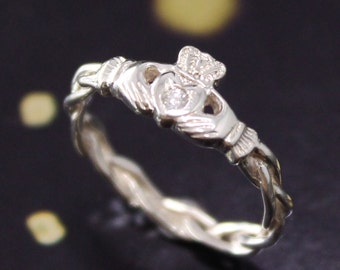 Diamond Claddagh ring, ladies diamond claddagh ring on celtic rope band.