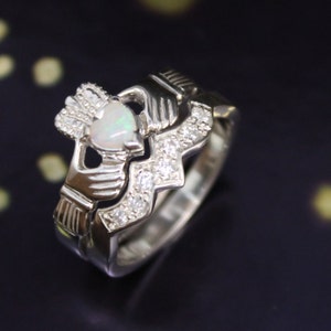 Claddagh ring. Real Opal Irish Claddagh ring and matching band set with cubic zirconia. Claddagh ring set.