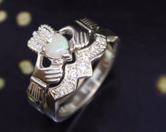 Claddagh ring. Real Opal Irish Claddagh ring and matching band set with cubic zirconia. Claddagh ring set.