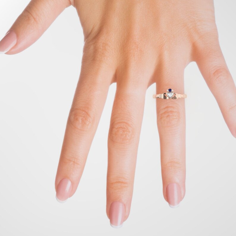 Available in 14K 18K yellow white or platinum. Sapphire and diamond engagement ring rose Gold claddagh Diamond claddagh ring