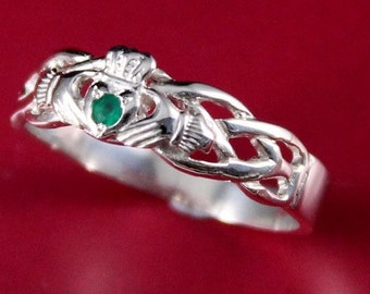 Emerald Claddagh ring, ladies claddagh ring on celtic rope band.