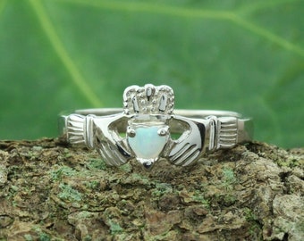 Claddagh ring, ladies claddagh ring, set with real natural opal gemstone. 9K, 14K, 18K, Platinum or Silver.