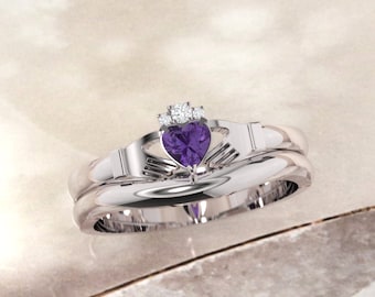 Amethyst Claddagh ring, crafted in Ireland. Diamond and Amethyst claddagh ring. Claddagh set with wedding ring.