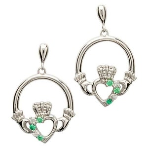 Celtic claddagh earrings in sterling silver.Set with gorgeous green and white cubic zirconia.