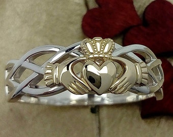 Claddagh ring, ladies solid 10K yellow gold claddagh on a silver celtic rope band.