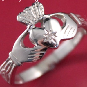 Claddagh ring, ladies diamond  silver claddagh ring