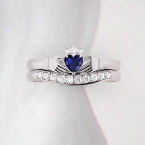 Claddagh ring set. Diamond Claddagh ring set. Diamond and Sapphire claddagh ring with matching diamond band.