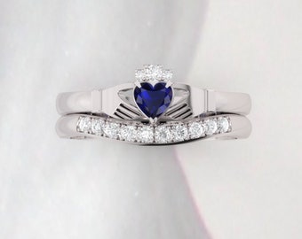 Claddagh ring set. Diamond Claddagh ring set. Diamond and Sapphire claddagh ring with matching diamond band.