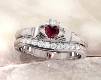 Claddagh ring set. Ruby Claddagh ring, crafted in Ireland. Diamond and Ruby claddagh ring with matching curved diamond wedding ring.