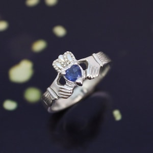 Claddagh ring. Real Sapphire Claddagh ring, ladies claddagh ring, set with beautiful real natural sapphire gemstone. Silver / 9K / 14K.