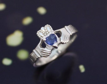 Claddagh ring. Real Sapphire Claddagh ring, ladies claddagh ring, set with beautiful real natural sapphire gemstone. Silver / 9K / 14K.