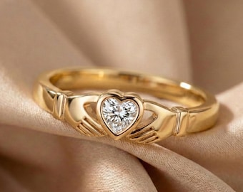 Anillo Claddagh Corazón de Diamante, Anillo de Compromiso Irlandés de Oro de 14k