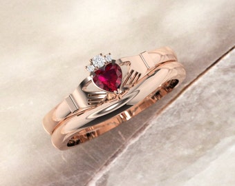 Ruby Claddagh ring, crafted in Ireland. Diamond and Ruby claddagh ring with matching curved wedding ring.