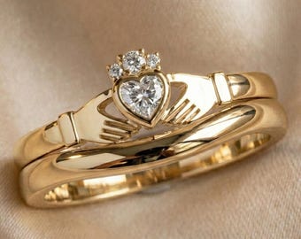 Conjunto de anillos Claddagh irlandeses, diamante en forma de corazón, alianza de boda de oro