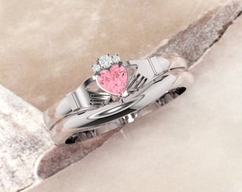 Pink tourmaline gemstone Claddagh ring, crafted in Ireland. Diamond and tourmaline claddagh ring with gently curved wedding ring,