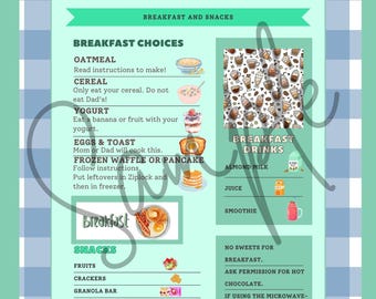 Child Food Choice Menu, Breakfast & Snack, Canva Template (Instant Download)
