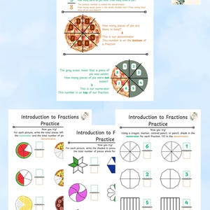 Könnte beinhalten: Lehrreiche Arbeitsblätter zum Thema Brüche. Sie zeigen Diagramme von Pizzastücken, Wassermelonen und anderen Formen, um Brüche zu veranschaulichen. Der Text enthält Definitionen von Zähler und Nenner sowie Übungsaufgaben.