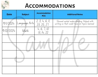 Accommodations Tracking Log: IEP Resources; Public, Private, Homeschool